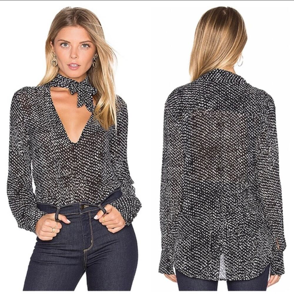 CLOTH & STONE Black White Graphic Print Tie Neck Blouse Top Women's Medium - Picture 11 of 11